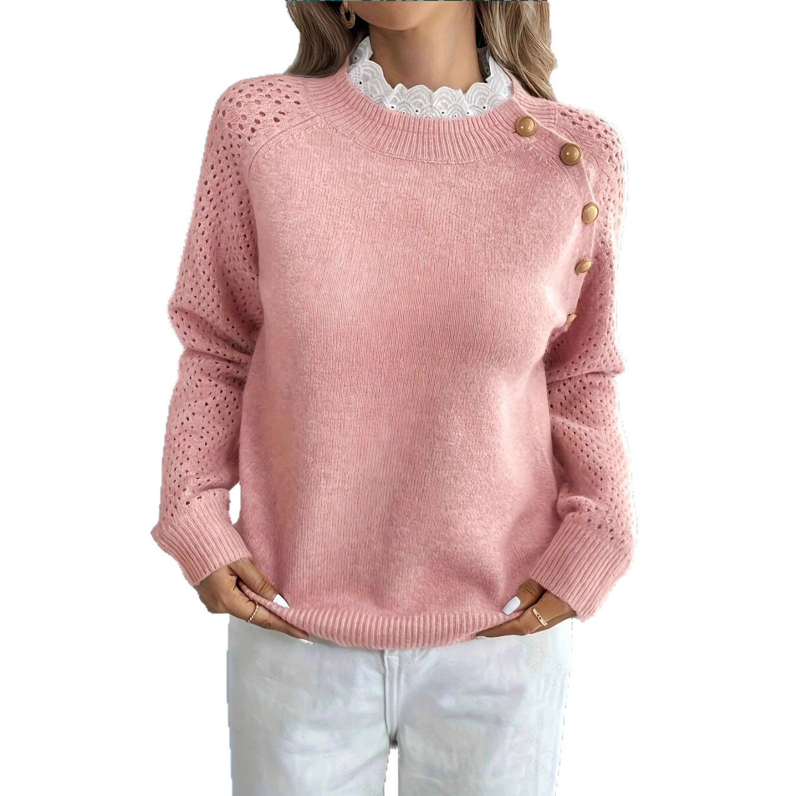 Damen Strickpullover mit dekorativen Knopfdetails und Lochmuster WW