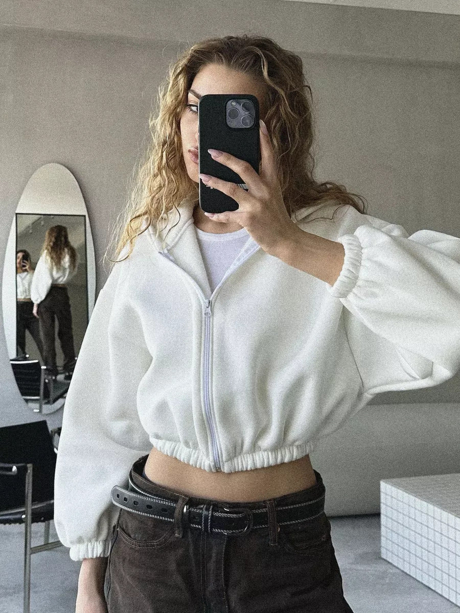 Damen cropped Kapuzenpullover mit oversized Ärmel WW