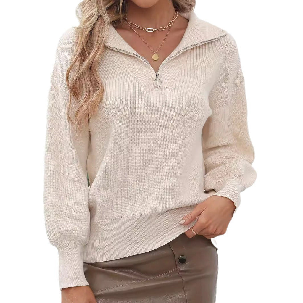 Damen lässiger Pullover mit modernem Zip-Kragen und volumetrischen Ärmeln WW