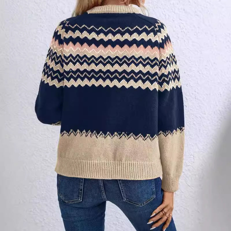 Damen Pullover mit Wellenmuster und klassischem Rundhalsausschnitt WW