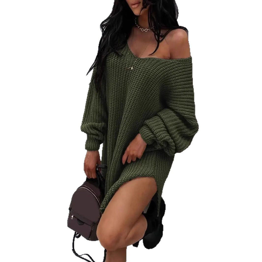 Damen lässiger Strickpullover mit tiefem V-Ausschnitt und ballonförmigen Ärmeln WW