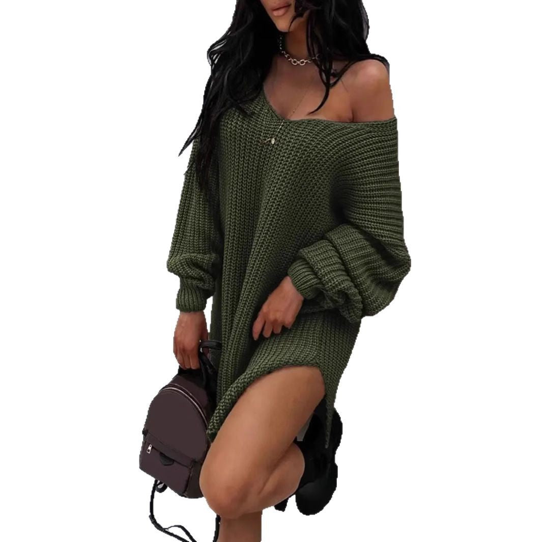 Damen lässiger Strickpullover mit tiefem V-Ausschnitt und ballonförmigen Ärmeln WW