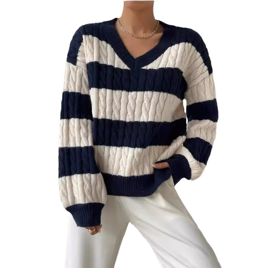Damen V-Ausschnitt Strickpullover mit Rippstruktur und langen Ärmeln WW