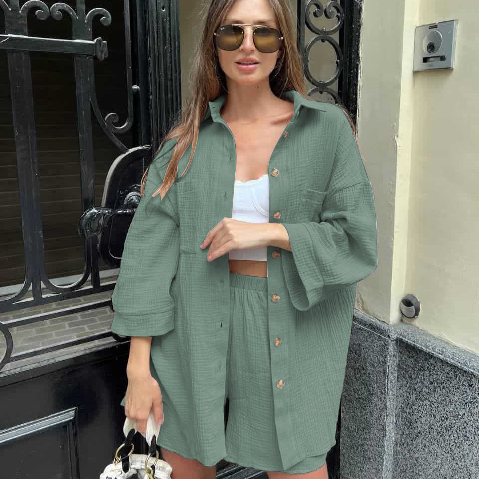 Damen Lässiges Kurzarm Set aus Hemd und Shorts mit Knopfleiste WW