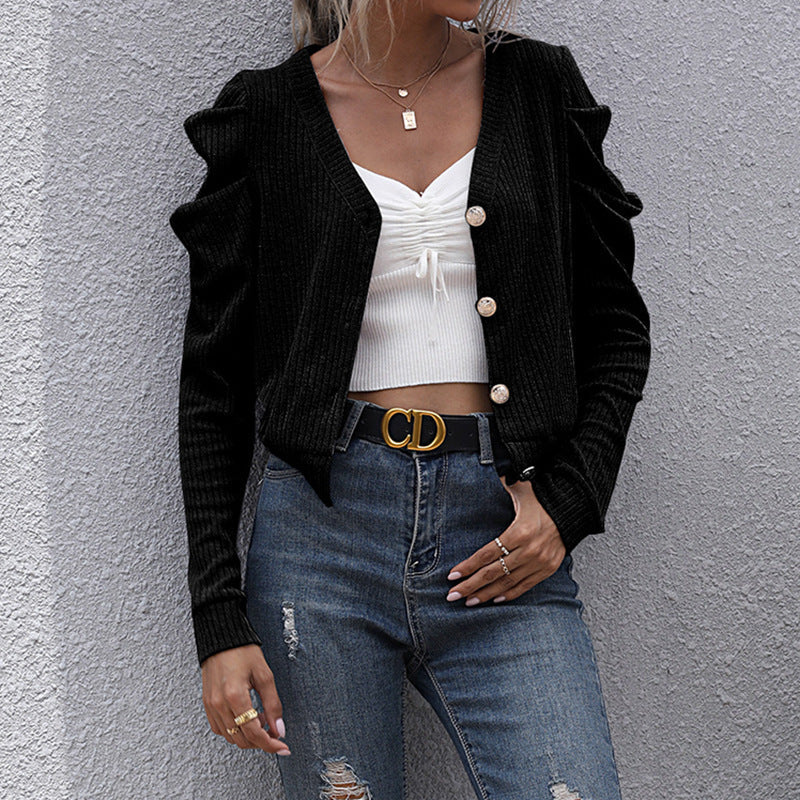 Damen Strickjacke mit dekorativen Puffärmeln und knöpfbarem V-Ausschnitt WW
