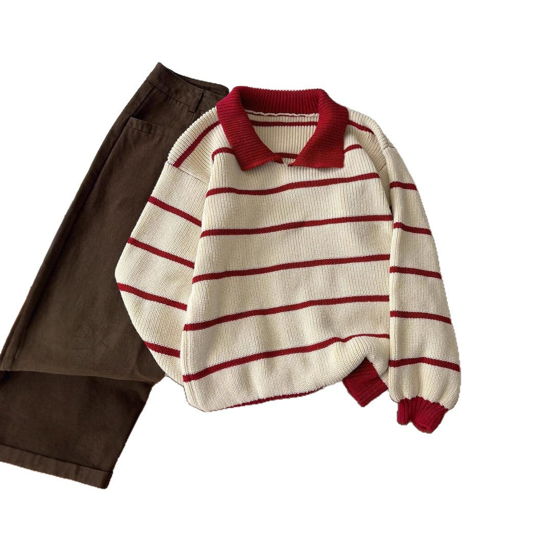 Damen Pullover mit Polokragen und gestreiftem Design WW