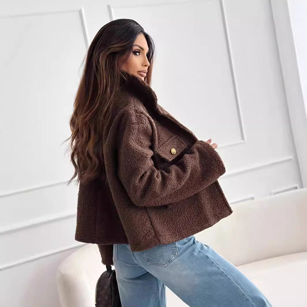 Damen kuschelige Teddyjacke mit modernem Schnitt und großen Taschen WW