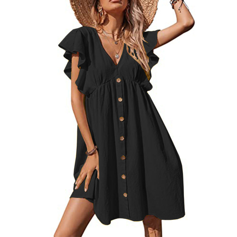 Damen lässiges Sommerkleid mit Volantärmeln und Knopfleiste WW
