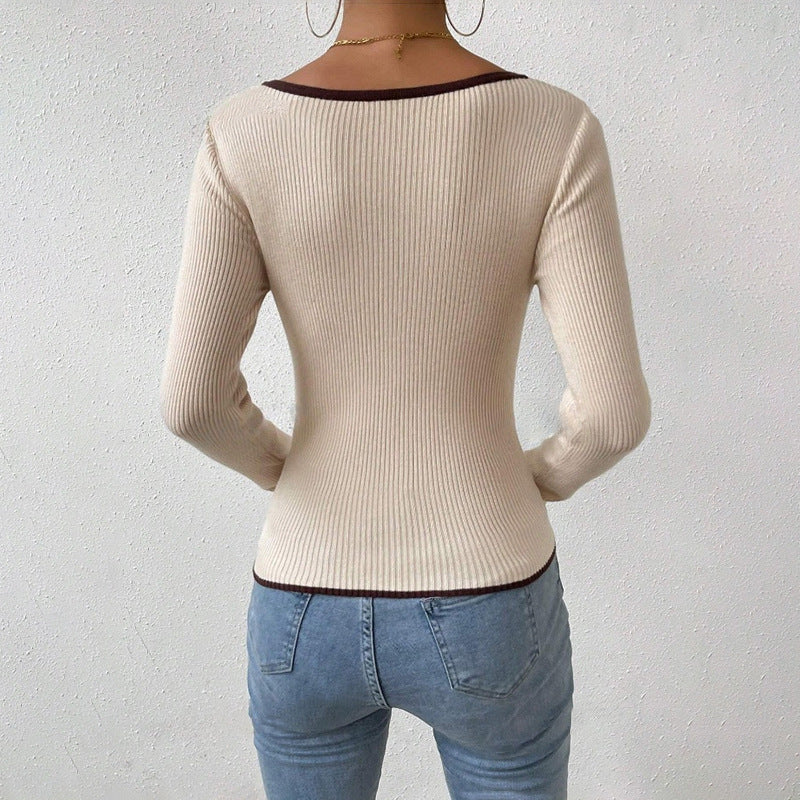 Damen Langarm-Bodysuit mit V-Ausschnitt und Kontrastdetails WW