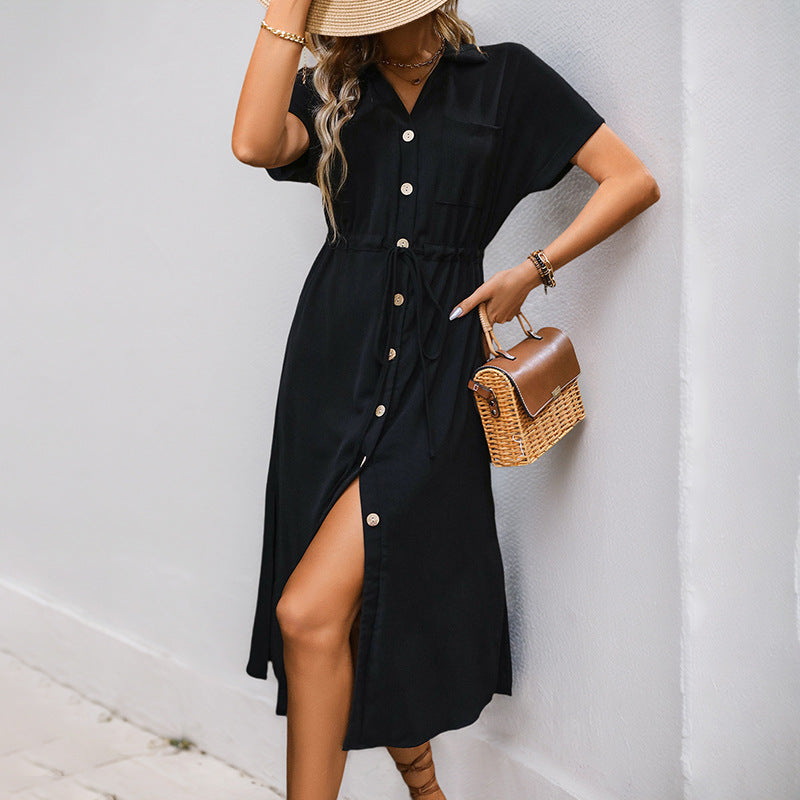 Damen Hemdblusenkleid mit taillierbarem Kordelzug und Knopfleiste WW