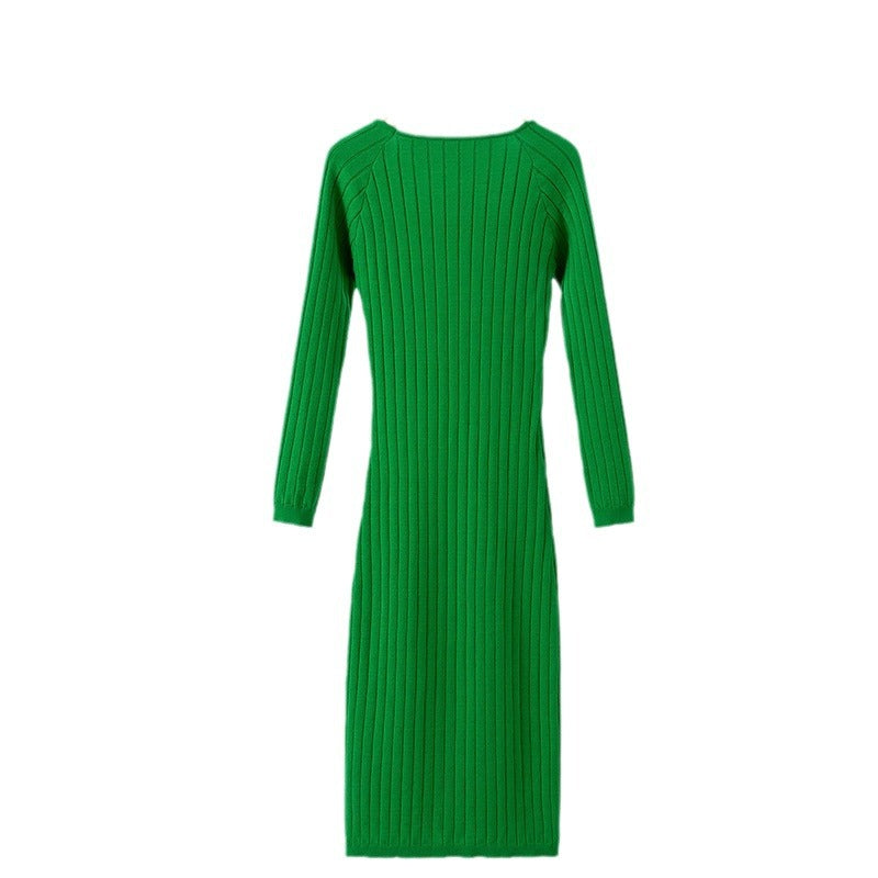 Damen Langarm-Strickkleid mit Quadratausschnitt und Rippstruktur WW