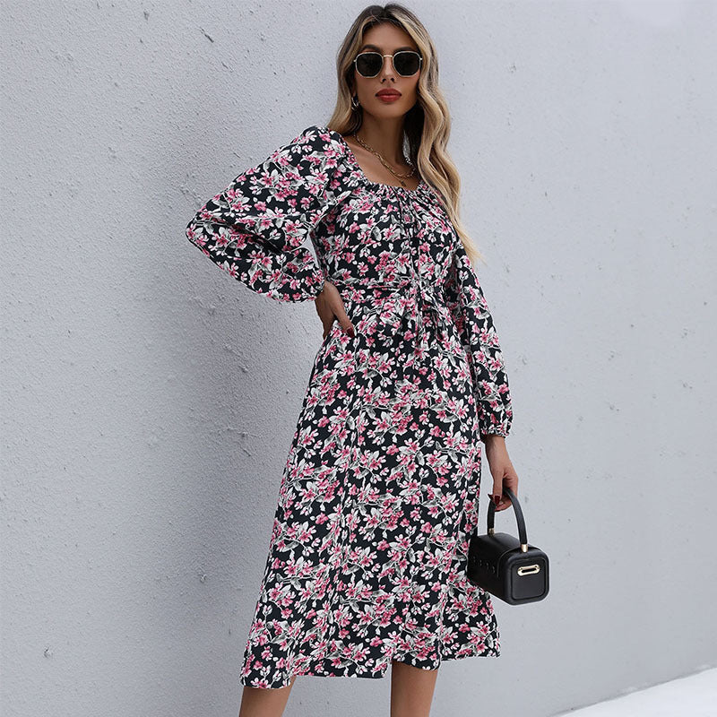 Damen Maxikleid mit floralen Raffungen und schmalem Taillengürtel WW