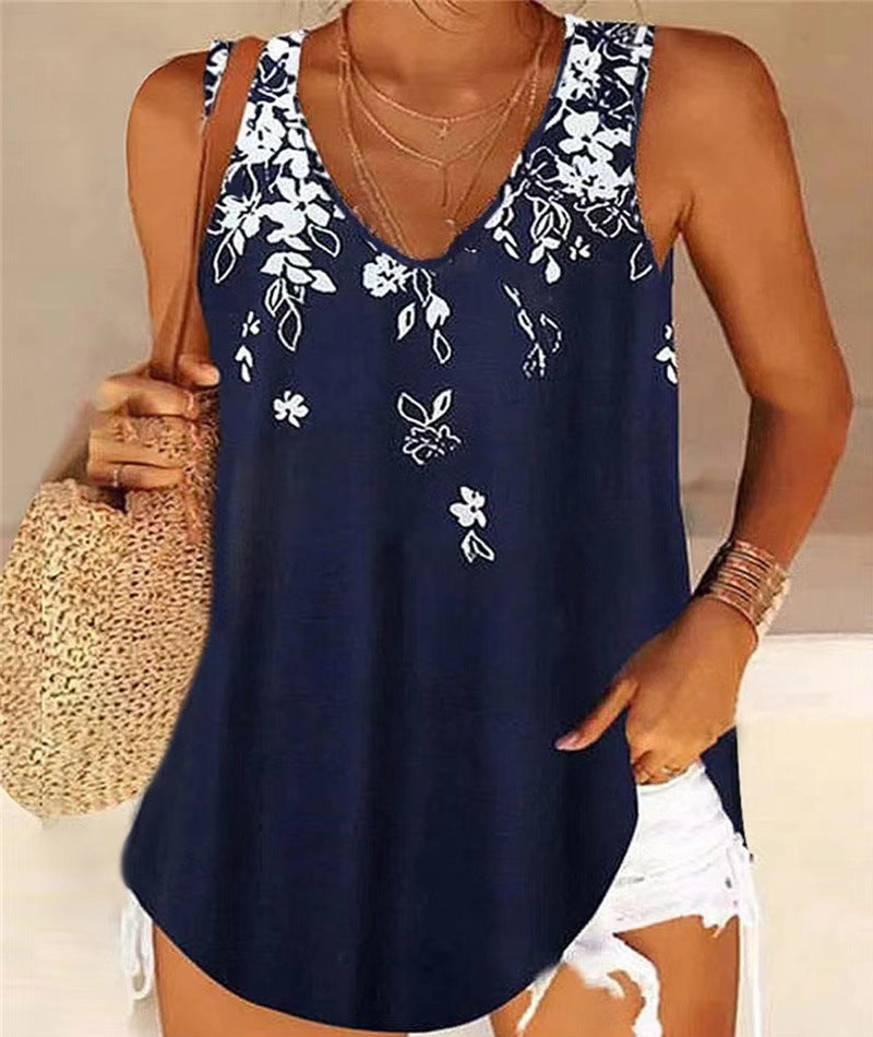 Damen ärmelloses Blusenshirt mit floralem Muster und V-Ausschnitt WW