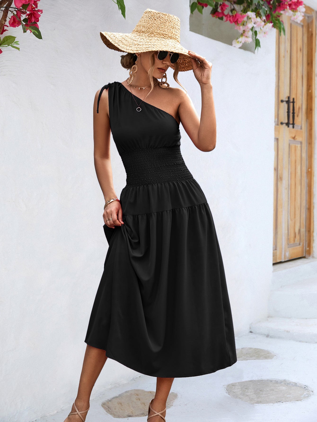Damen Maxikleid mit schulterfreiem Design und elastischem Taillenzug WW
