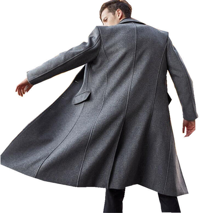 Herren eleganter, lange gefütterter Wollmantel mit klassischem Revers und tiefen Taschen WW