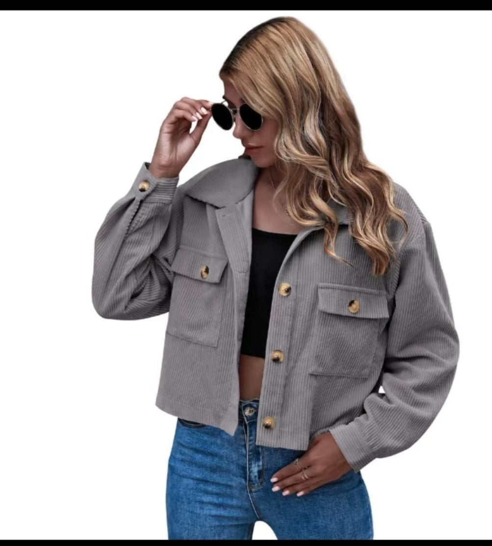 Damen modische Kordjacke mit aufgesetzten Taschen WW