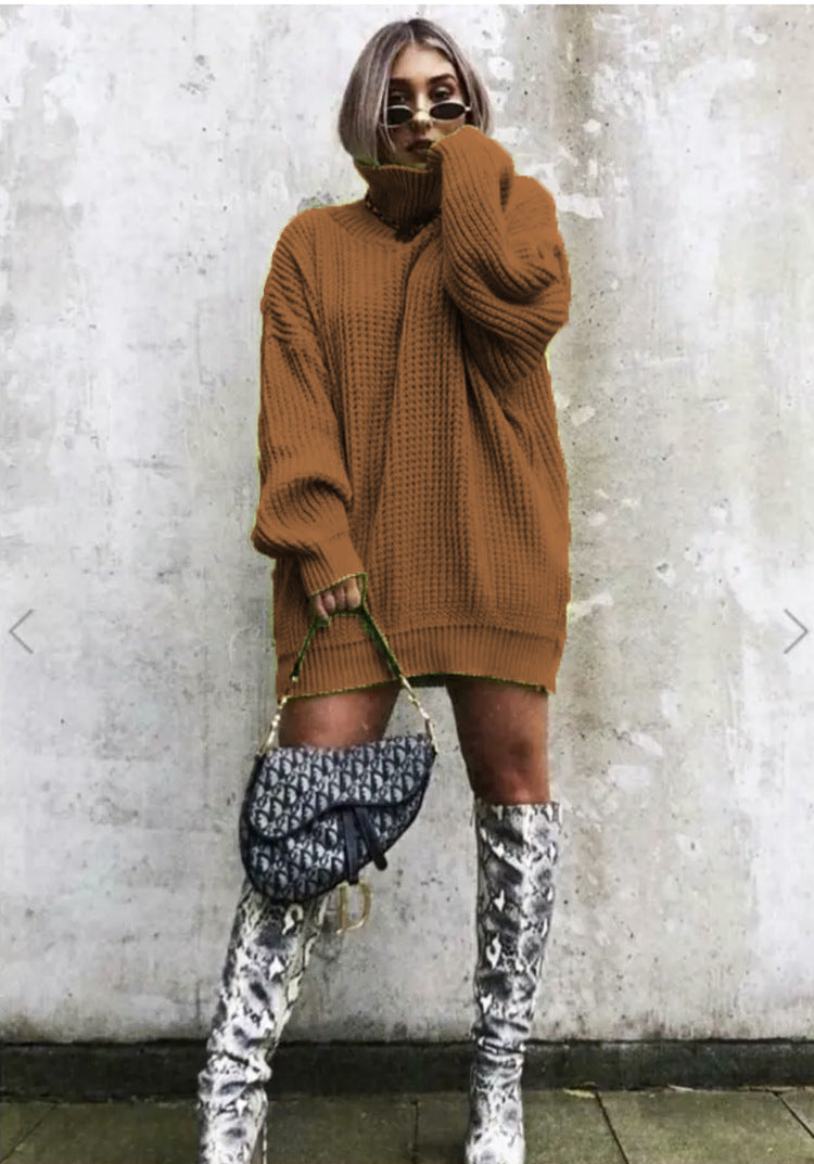 Damen Oversized Strickpullover mit hohem Kragen und Waffelmuster WW