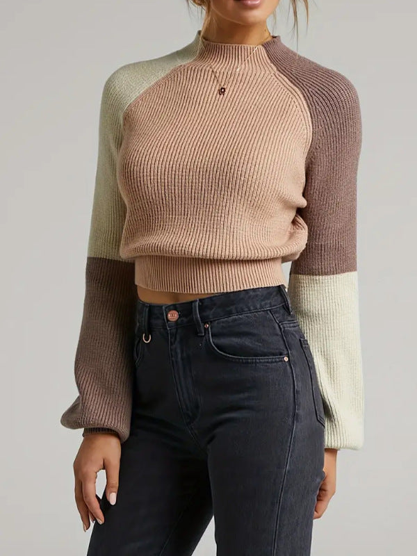 Damen Strickpullover mit weitem Arm und innovativem Farbblockdesign WW