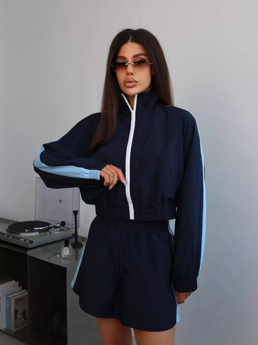 Damen sportliches Windbreaker-Set mit elastischem Bund und stylischen Kontraststreifen WW