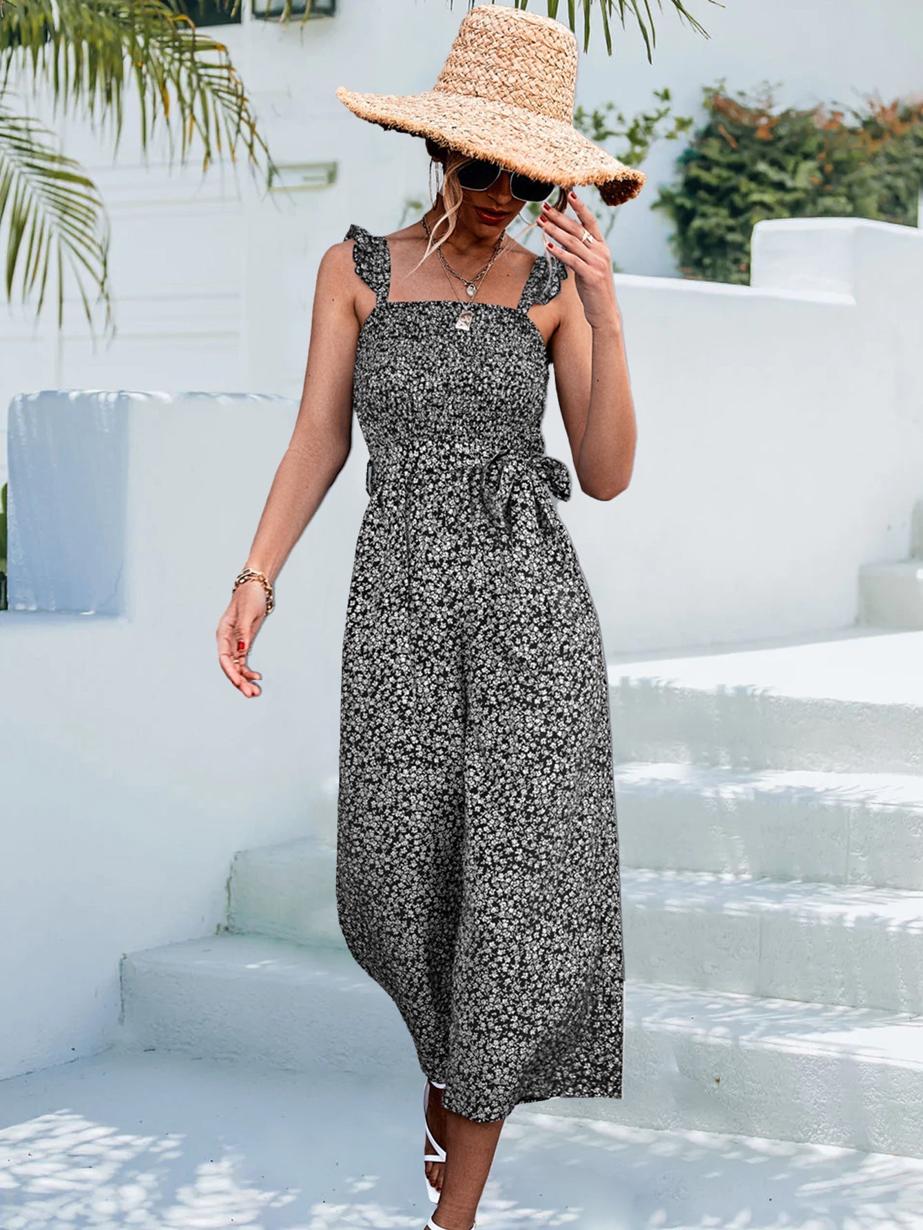 Damen Maxikleid mit Rüschenärmeln und Taillengürtel WW