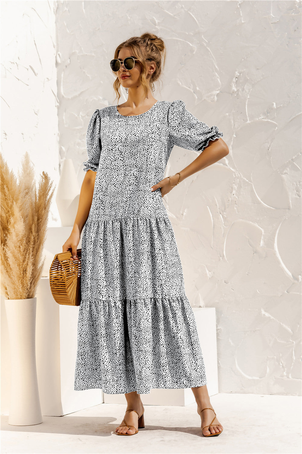 Damen Maxikleid mit Karomuster und voluminösen Puffärmeln WW