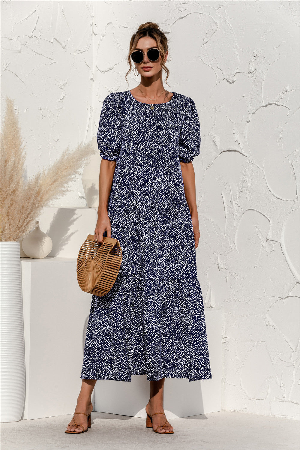 Damen Maxikleid mit Karomuster und voluminösen Puffärmeln WW