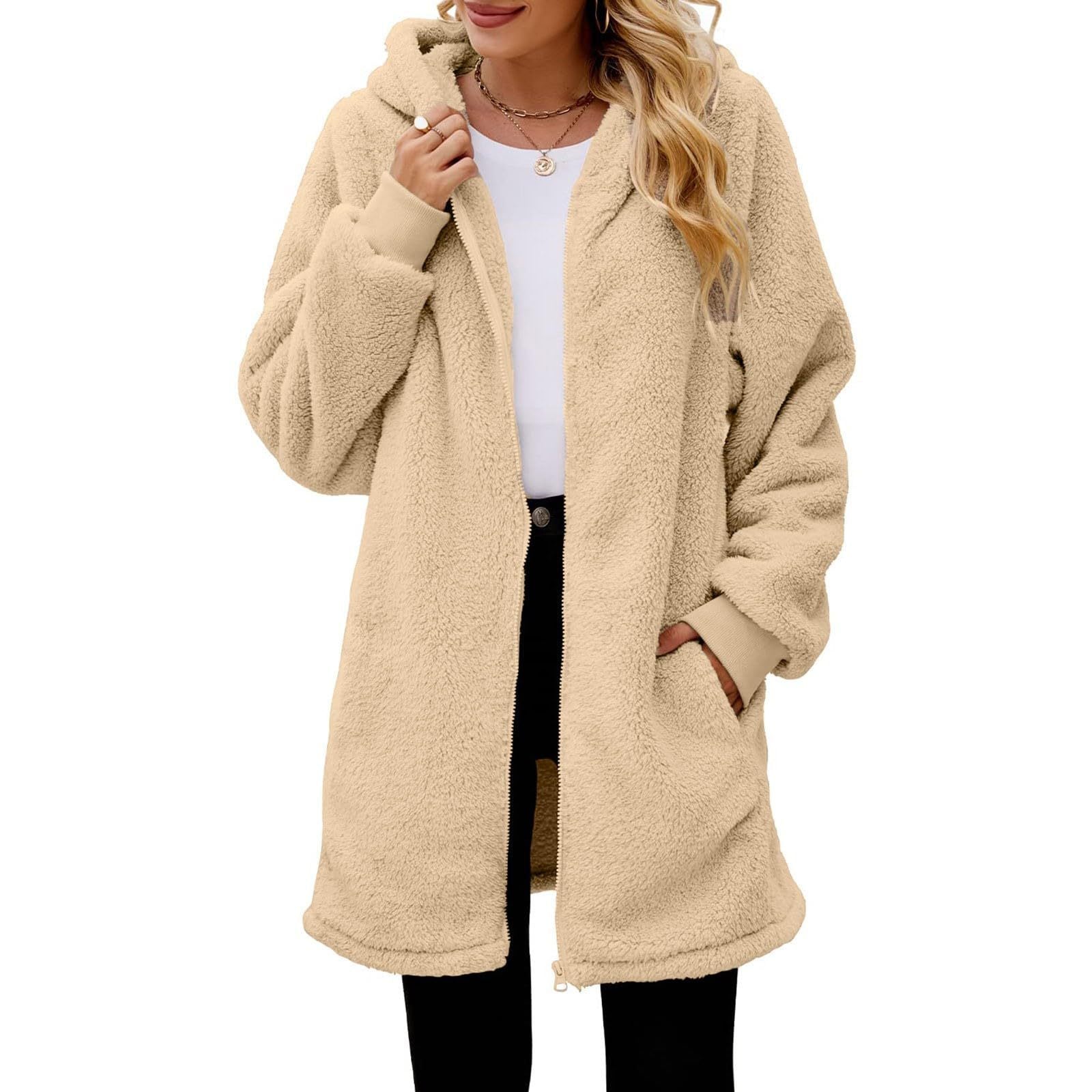 Damen gemütliche Sherpa Fleece Kapuzenjacke WW
