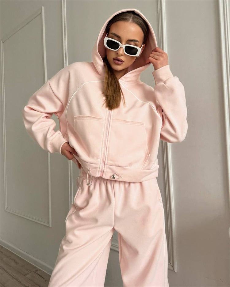 Damen sportlicher Kapuzenjacken- und Jogginghosen-Set mit modernem Design und praktischen Taschen WW