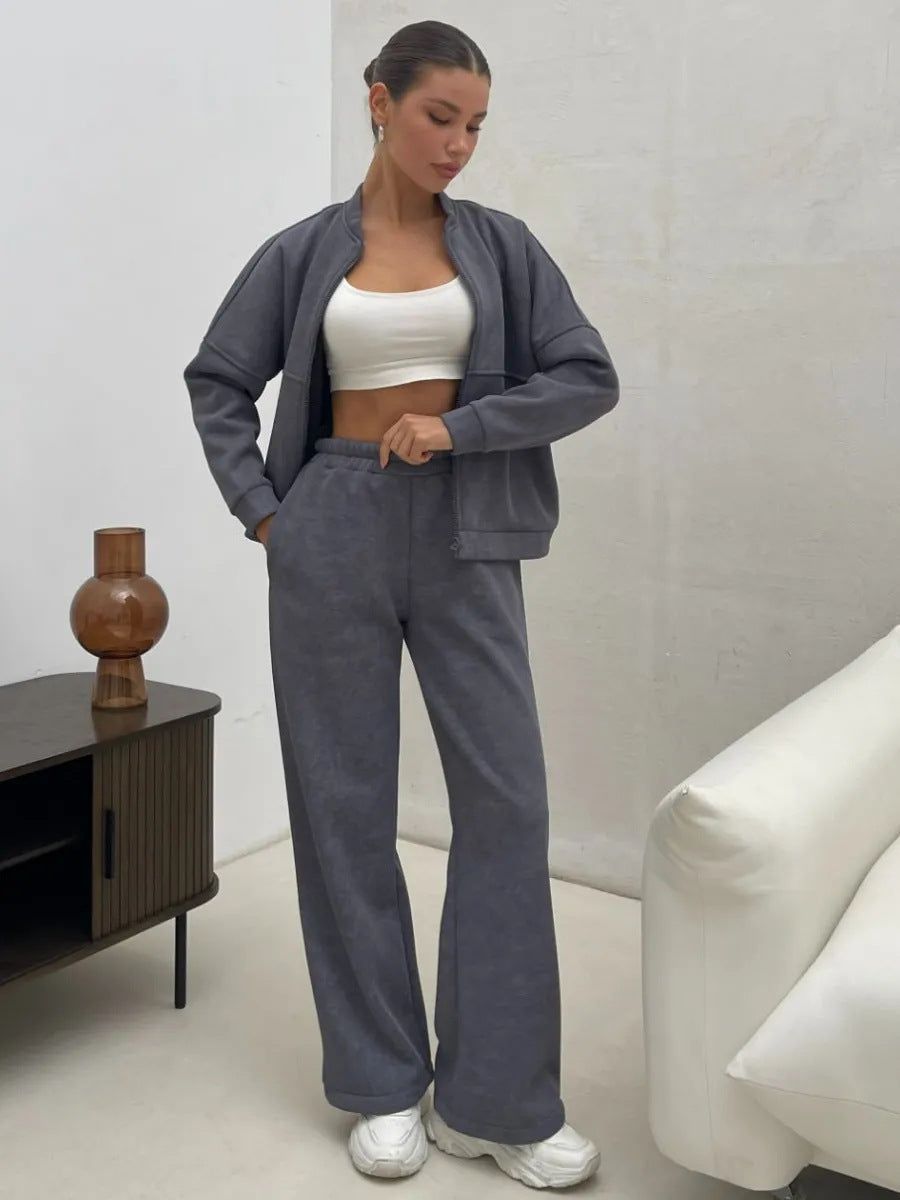Damen lässiges Fleece-Set mit Oversized Jacke und weit geschnittenen Hosen WW