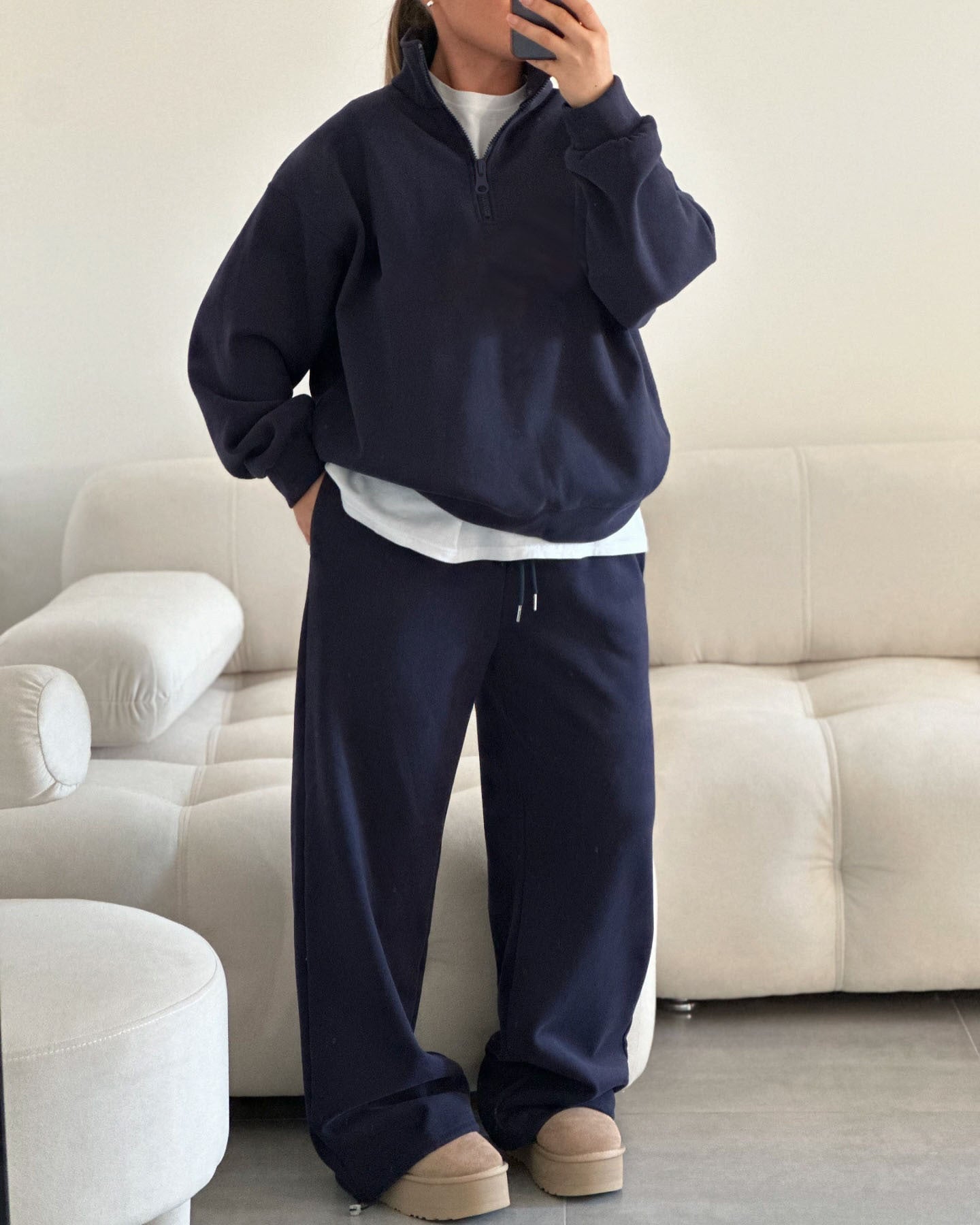 Damen gemütliches Fleece-Loungewear-Set mit Stehkragen und Reißverschluss WW