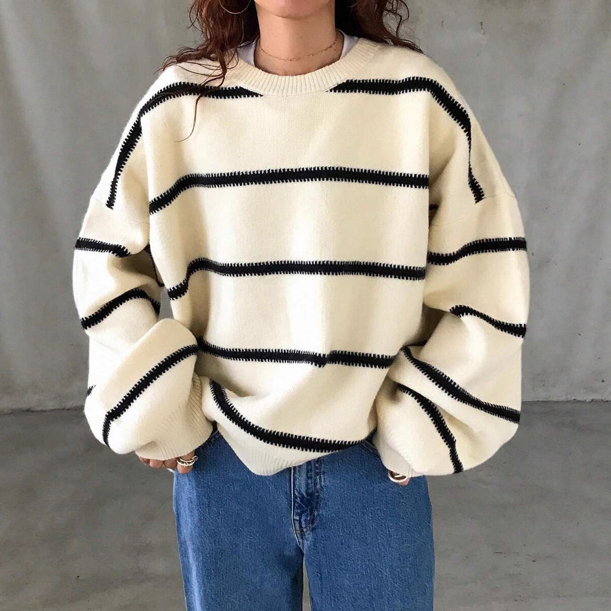 Damen Oversized Strickpullover mit trendigem Streifenmuster und lässiger Passform WW