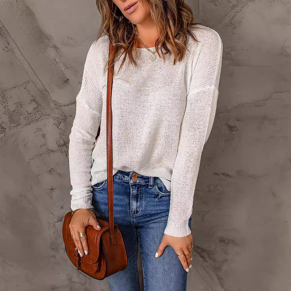 Damen lässiger Feinstrickpullover mit weitem Schnitt und langen Ärmeln WW