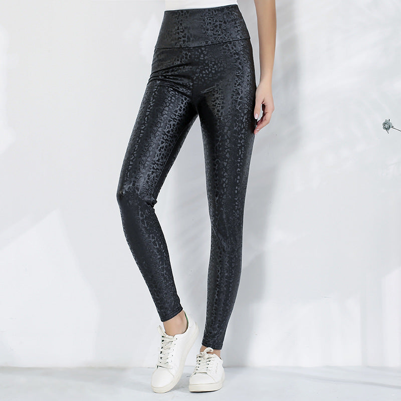 Damen Leggings mit schimmerndem Leopardenmuster und hohem Bund WW