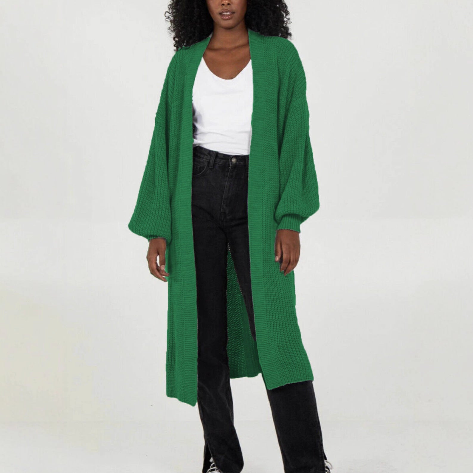 Damen Langer Strickcardigan mit voluminösen Ärmeln und offenem Schnitt WW