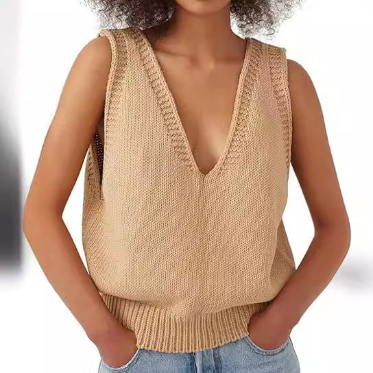 Damen lässiger Strickpullover ohne Ärmel mit tiefem V-Ausschnitt WW