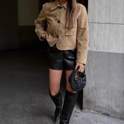 Damen Wildlederimitat Jacke mit Knopfleiste und Taschen WW