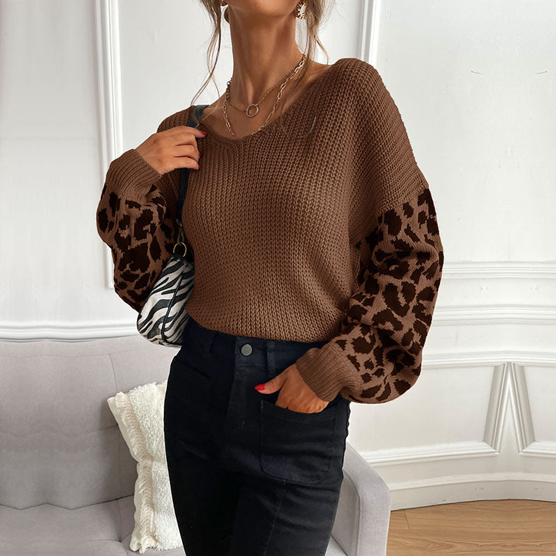 Damen Strickpullover mit modischem Leopardenmuster an den Ärmeln WW