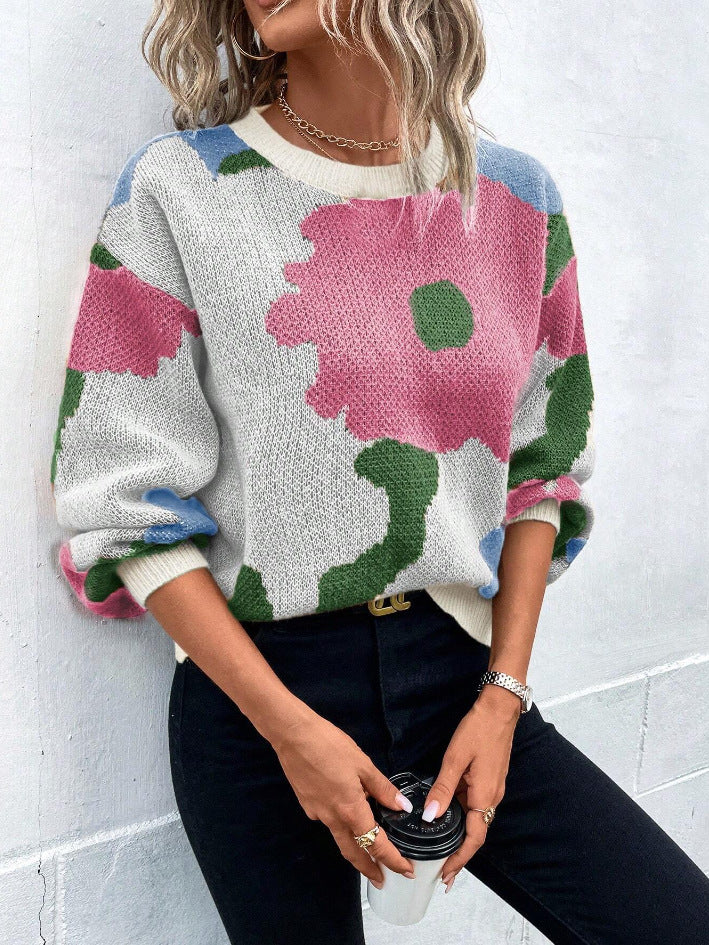 Damen modischer Pullover mit floralem Muster und weiten Ärmeln WW