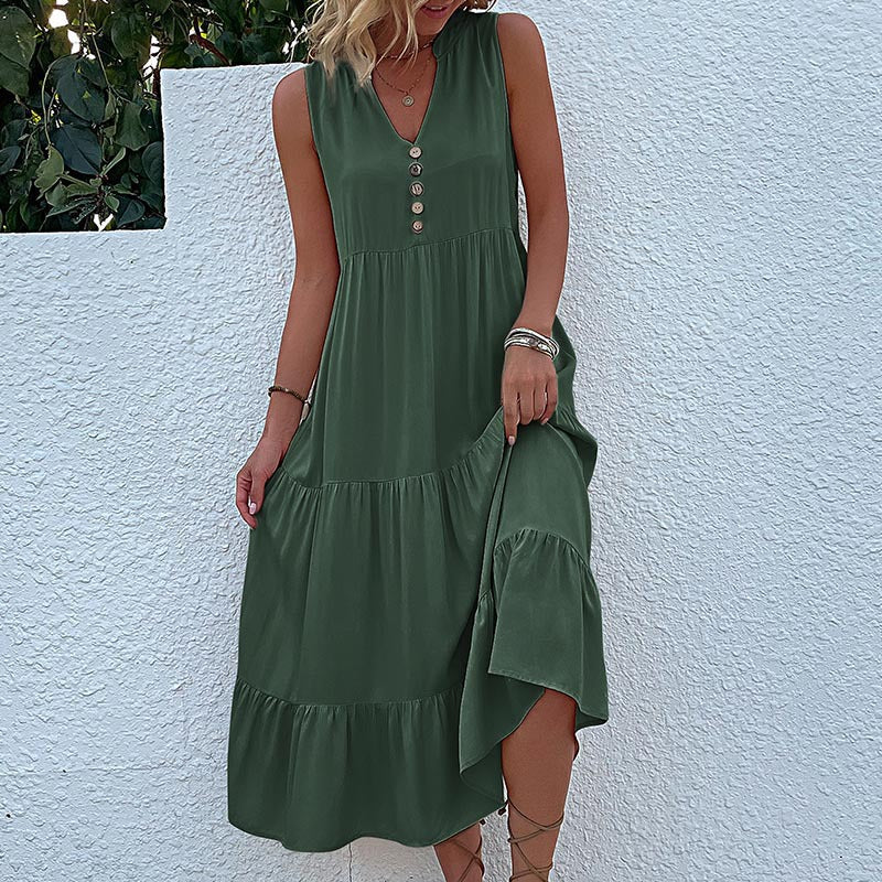 Damen Maxikleid mit Knopfdetail und voluminösem Rock WW