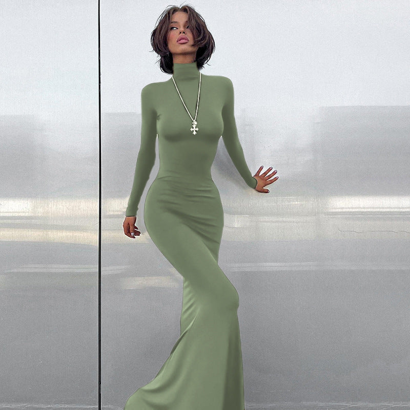 Damen elegantes Maxikleid mit figurbetonter Silhouette und hohem Kragen WW