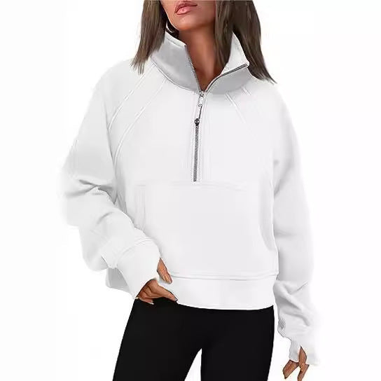 Damen sportlicher Hoodie mit kurzem Reißverschluss und praktischer Kängurutasche WW