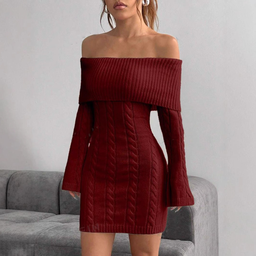 Damen Off-Shoulder Strickkleid mit Zopfmuster und voluminösen Ärmeln WW