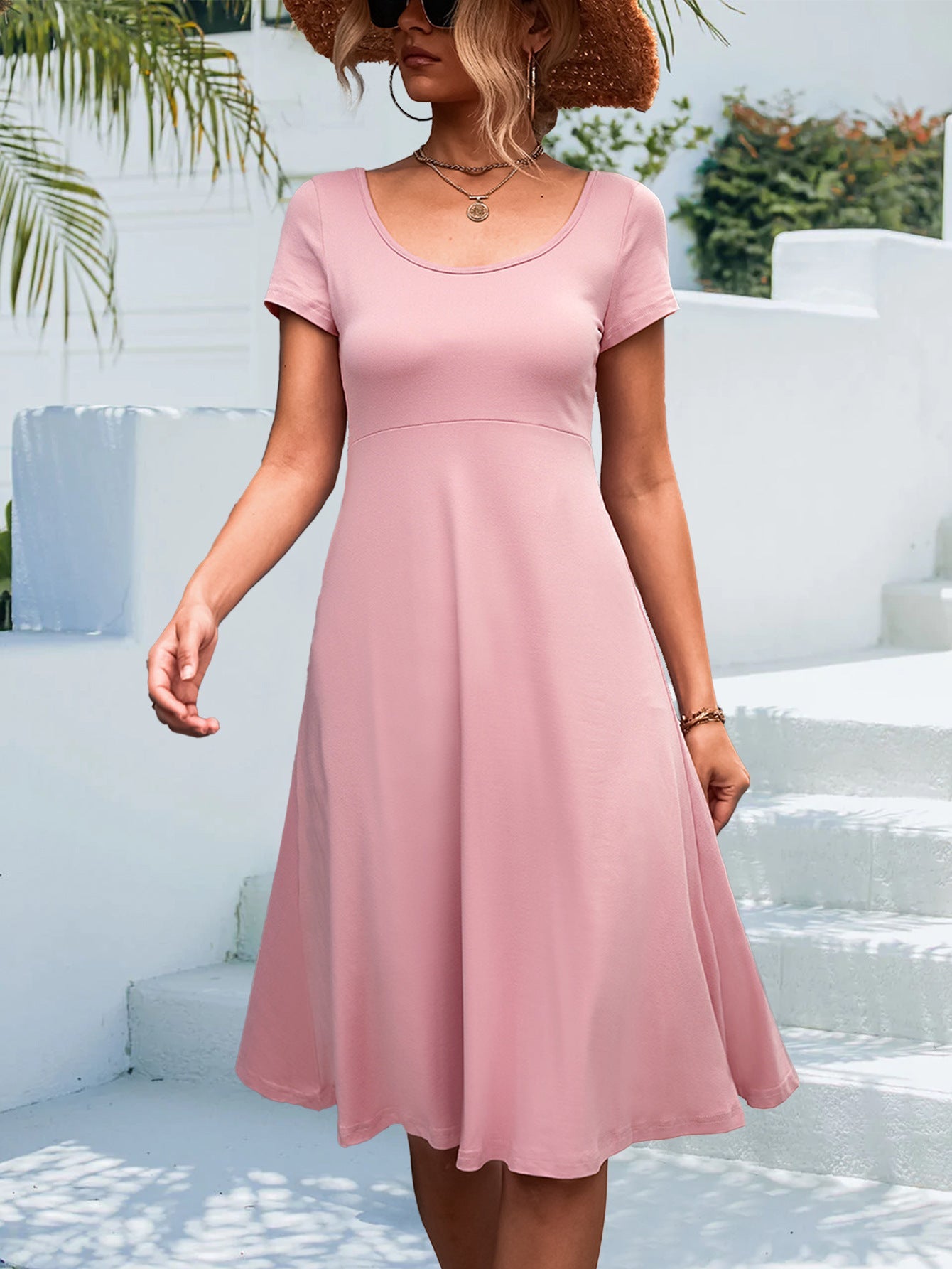 Damen A-Linien Kleid mit kurzen Ärmeln und rundem Ausschnitt WW