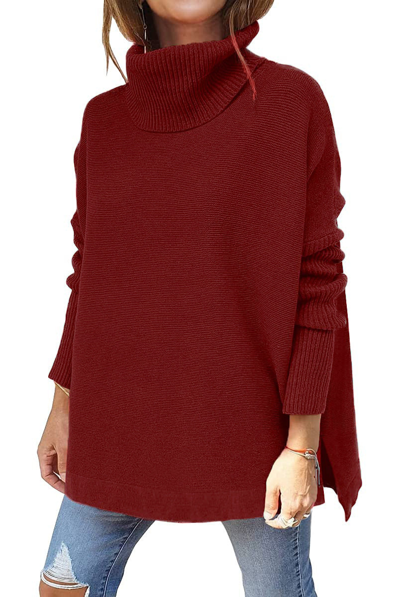 Damen Strickpullover mit hohem Kragen und seitlichen Schlitzen WW