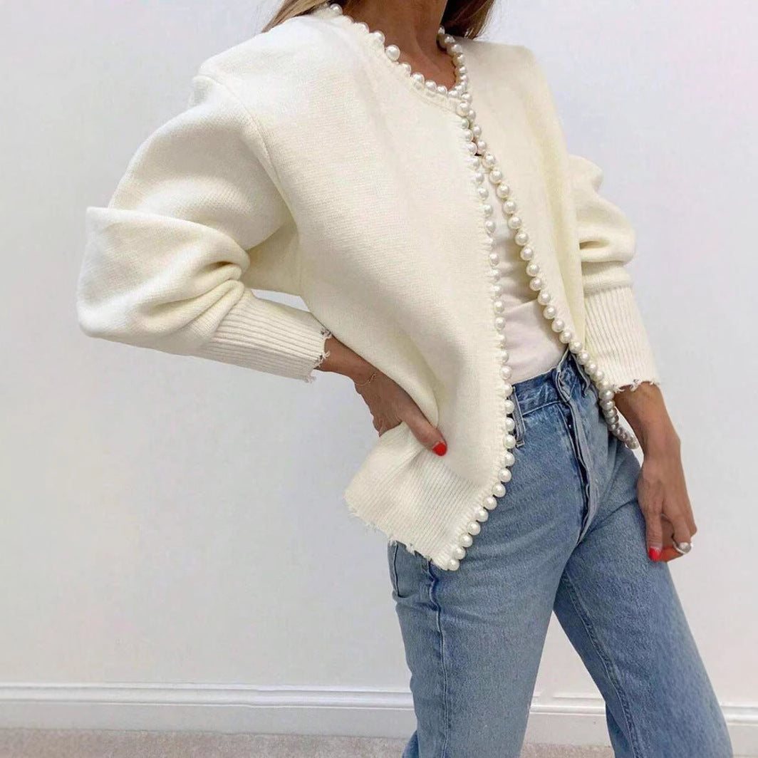 Damen Elegante Strickjacke mit Perlenverzierung WW