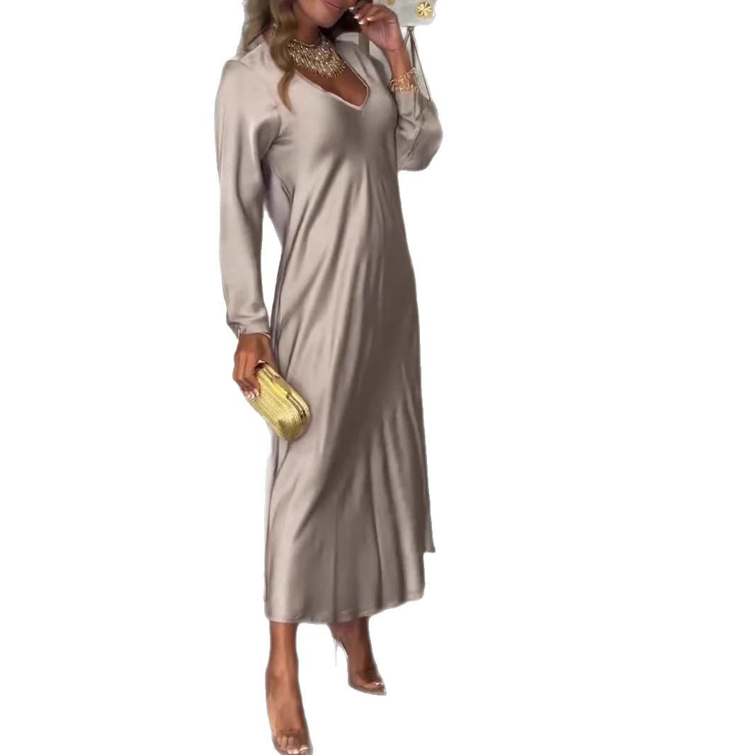 Damen elegantes Maxikleid mit tiefem V-Ausschnitt und fließendem Schnitt WW