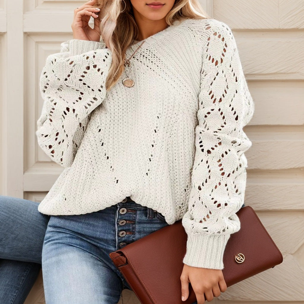 Damen Strickpullover mit romantischem Lochmuster und weiten Ärmeln WW