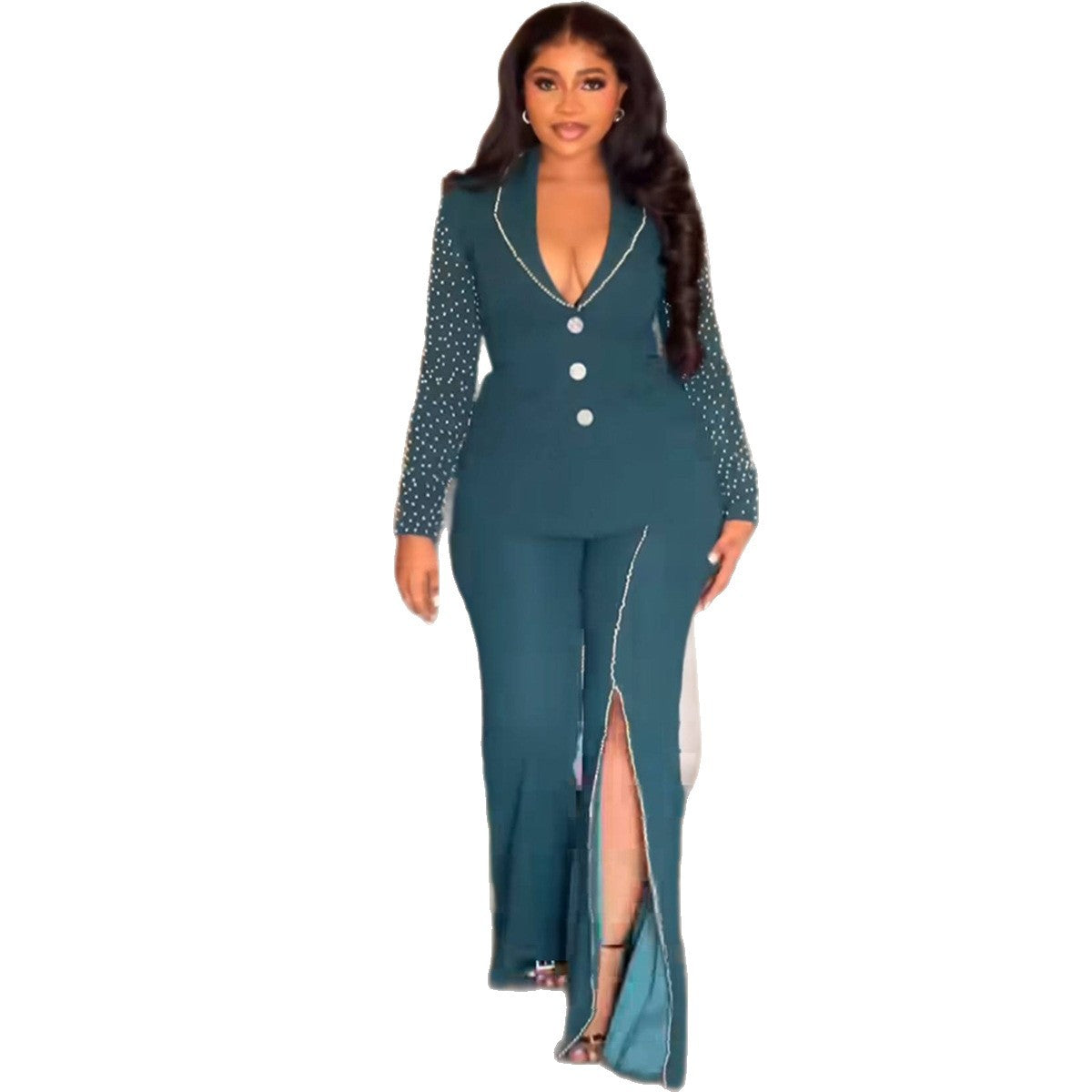 Damen Eleganter Anzug mit schimmernden Perlen und modernem Schlitz WW