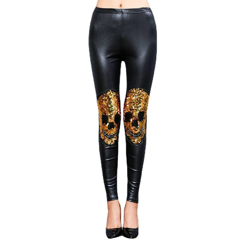Damen Leggings mit auffälligem Pailletten-Schädelmuster WW