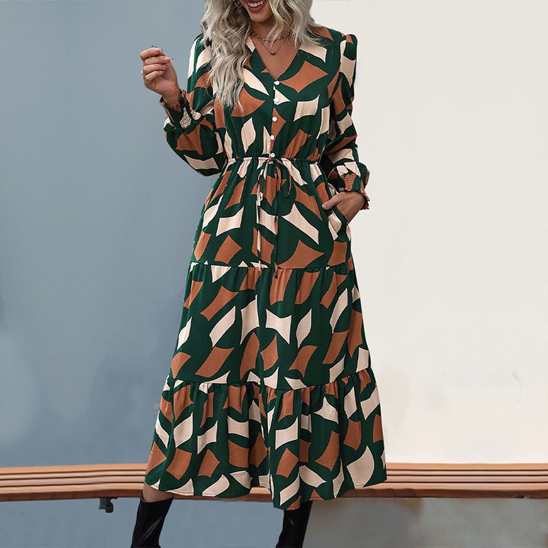 Damen Maxikleid mit dekorativem Bindegürtel und voluminösen Ärmeln WW